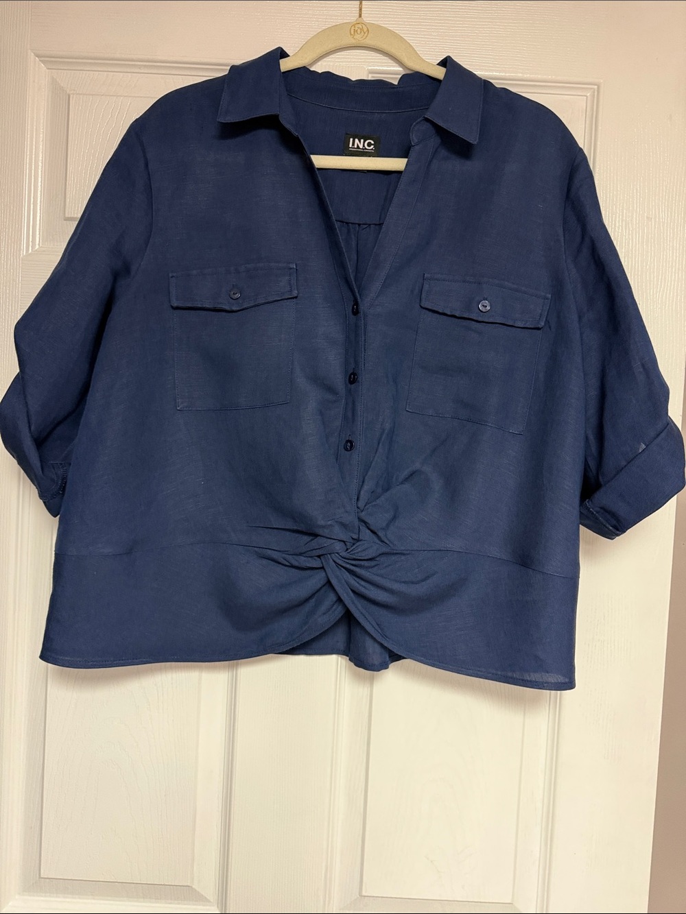 INC International Concepts Navy Button-Down Twist Front Shirt